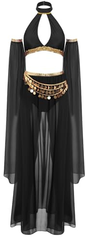TSSOE Damen Bauchtanz Outfit Hollow Out Neckholder Crop Top Chiffon Rock und abnehmbare Ärmel Bauchtänzerin Tanz Kostüm Schwarz M
