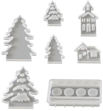 WUSJCOF 7 Piezas Moldes de Silicona para Velas Conjunto de Casas y Árboles Portavelas para Yeso para Verter Árbol de Navidad Casa Decoración Navidad