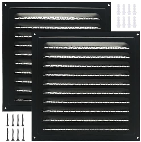 2x Tappo Griglia Aerazione Rettangolare Nero, Griglia di Ventilazione Esterno con Zanzariera, Presa D'Aria quadrato a Parete in Acciaio Inox, per AC, Garage, Bagno, Cucina, Camino(200x200mm)