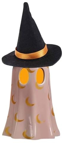 Figura de fantasma para decoración del hogar, escultura decorativa de escritorio de Halloween, fantasma iluminado de resina con sombrero de bruja, perfecta para alféizar de la ventana, tocador