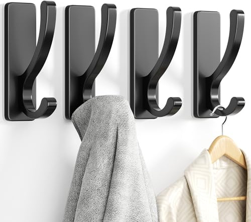 Adhesive Wall Hooks for Towels Coats - Stick On Hooks Hanging Heavy Duty (13lb), Metal Hook for Door, Bathroom, Dorm, Closet - Hanger for Purse, Bag, Robe,Backpack - No Damage to Wall -Black 4 Pack