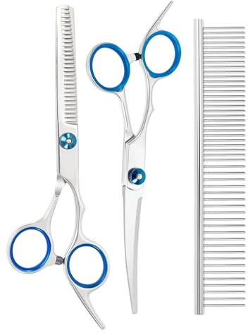 Forbici Professionali per Toelettatura Cani 4CR: Set di 3 Pezzi con Forbici Curvate, Sfoltenti e Pettine - Realizzate in Acciaio Inossidabile, Ergonomiche e Sicure per Pet Care