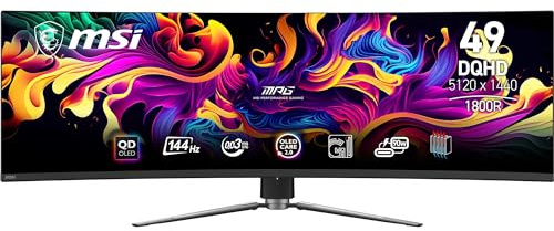 MSI MPG 491CQPA QD-OLED 49-Zoll-DQHD-Curved-Gaming-Monitor 1800R, 5120 x 1440 Quantum Dot OLED-Panel, 144 Hz / 0,03 ms, 99% DCI-P3, ΔE≤2, DisplayHDR True Black 400, KVM–DP 1.4a, HDMI 2.1, USB Typ C