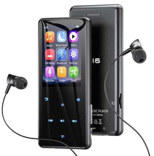 Lettore MP3 64 GB con Bluetooth 5.3 e schermo a colori da 2,4 – Dotato di tasti touch, altoparlante, corpo metallico, audio Hi-Fi, 18 suoni per dormire, radio FM – Espandibile fino a 128 GB.