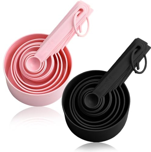 20 Pcs Measuring Cups and Spoons Set, Baking Accessories 10 Measuring Spoons Sets and 10 Cup Measurements Set, Stackable Baking Sets, for Dry & Liquid Ingredients (Black & Pink)