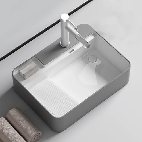 Lavanderia con Asse per Lavare, Lavandino Bagno in Ceramica con Rubinetto, Mobile Lavatoio Moderno per Bagno con Portasapone, Scolapiatti e Tubo di Scarico(60x43.5cm/23.6x17.1in)