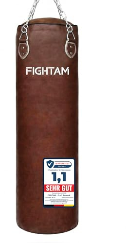 FIGHTAM® Boxsack gefüllt/ungefüllt in Vintage Braun - robuster Profi Sandsack aus Kunstleder inkl. 4-Punkt Stahlkette & 360° Drehwirbel | Boxen, Kickboxen, MMA & Kampfsport (gefüllt, 150 x 35 cm)
