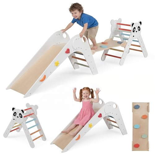 RELAX4LIFE 3er Set Montessori Kletterdreieck, Indoor Klettergerüst mit Rutsche, Rampe & Kletterleiter, Kletterspielzeug Holz für Kinder ab 3 Jahr, Sprossendreieck klappbar für Kinderzimmer (Bunt)