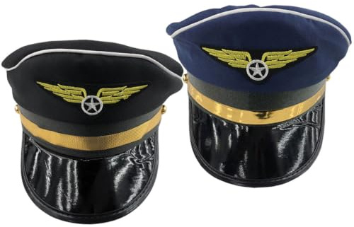 Vaguelly 2 Stück Cosplay Party Kostüm mit Pilotenmütze aus Polyester Baumwolle Leichte und Bequeme Hüte in Schwarz und Navy für Karneval und Andere Anlässe