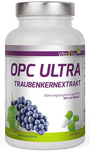 Vita2You OPC Ultra Traubenkernextrakt 600mg pro Kapsel - mit Vitamin C aus Acerola - OPC mit Analysezertifikat - 120 Kapseln - Hochdosiert - 4 Monatspackung - Premium Qualität