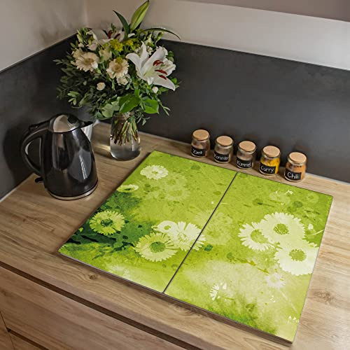 banjado Ceranfeld Abdeckung Glas 2-teilig 60x52 cm, Herdabdeckplatten und Schneidebrett Küche aus gehärtetem Glas, dekorativer Küchen Spritzschutz Blumen & Pflanzen mit Motiv Kamille Grün