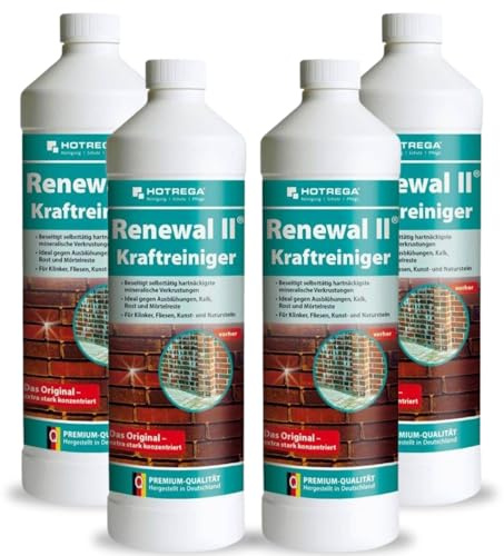 HOTREGA Renewal II Kraftreiniger Konzentrat 4x 1 L | Profi Kalklöser & Rost | Entfernt Zement- & Mörtelreste von Klinker, Fliesen oder Naturstein | Hoher Säureanteil für Fassade, Mauer, Terrasse