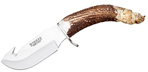 Joker hudmätare Jabato CT28, handskuren, hjortarhandtag, 11 cm blad, bälteskniv med brunt läderslida, verktyg för fiske, jakt, camping och vandring