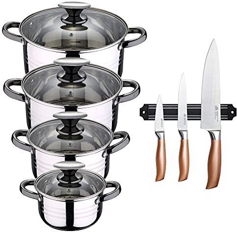 San Ignacio Bateria de cocina 8 piezas apta para induccion Hita en acero inoxidable con set de 3 cuchillos en acero inoxidable con barra magnetica aptas para induccion, PK3223
