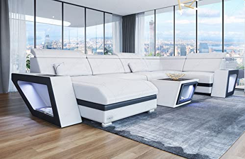 Wohnlandschaft Catania U Form Ledersofa mit Beleuchtung Sofa mit USB-Ports Kopfstützen Couch in Leder (Ottomane Links, Weiß-Schwarz)