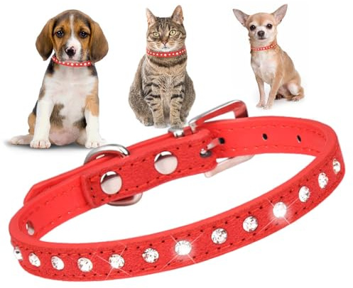 Hundehalsband für kleine Hündinnen, mit Strasssteinen, hübscher Kristall, glitzernd, Glitzer, für Welpen, Größe XXS, XS, S, M, für Mädchen, Katzen, Kätzchen, Rot, Größe M