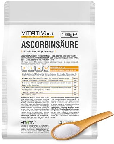 Acido Ascorbico Vitamina C Pura 1kg | VITATIV JUST | L-Ascorbico E300 | Integratore in Polvere di Grado Pharma | 1000gr