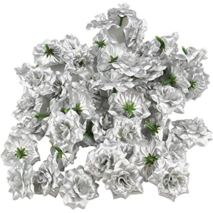 Sewroro 50 Stücke Rose Kopf Künstliche Rosen Blumen Köpfe Mini Rose Blumen Simulation Stammlose Rosen für DIY Handwerk Hochzeit Party Dekoration 4.5cm (Silber)