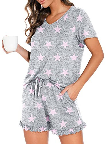 PrinStory Damen-Pyjama-Set, Lounge-Set, kurzärmelig, Nachtwäsche, weiche Pyjama-Shorts mit Taschen, Rosa Stern, M