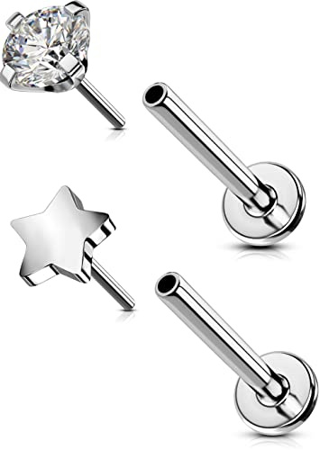 OUFER Helix Piercings Nasenpiercing Titan Flat Back Conch Rings Tragus Threadless Push-in Lippenpiercing Labret Studs Ohrring Knorpel Lip Bar Star CZ Medusa Monroe Schmuck 20G