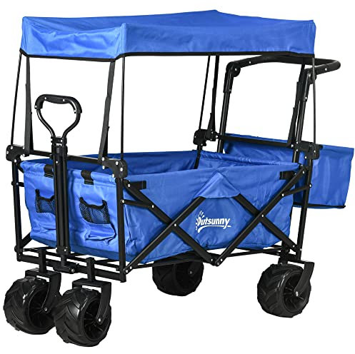 Outsunny Carro Transporte Plegable con Ruedas Universales Carro de Mano Plegable con Toldo y Manillar Regulable en Altura Carga Máx. 68 kg para Compra Jardín Camping Viaje 117x55x98 cm Azul