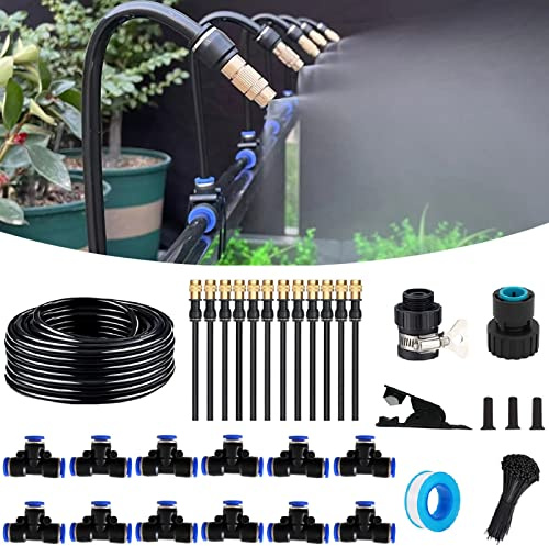 50FT Tropfbewässerungsset, automatisches Gartenbewässerungssystem mit werkzeuglosen Schnellverbindern, 360° Biegetropfen & Kupfernebeldüsen für Gewächshaus, Terrasse, Rasen & Gemüsegarten(15M)