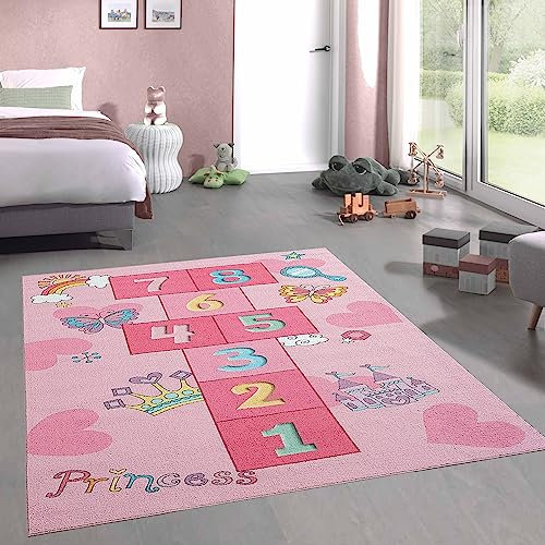 CARPETIA Hüpfkästchen Kinder-Spielteppich mit Herzen Krone & Prinzessinnen Burg in rosa, 240 x 340 cm