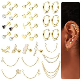 Chriscoco 33Pcs Piercing Oreja Pendientes Mujer Acero Quirúrgico Aro con Cadena Ópalo Estrella Corazón CZ Antialergicos Cartílago Tragus Helix Joyería