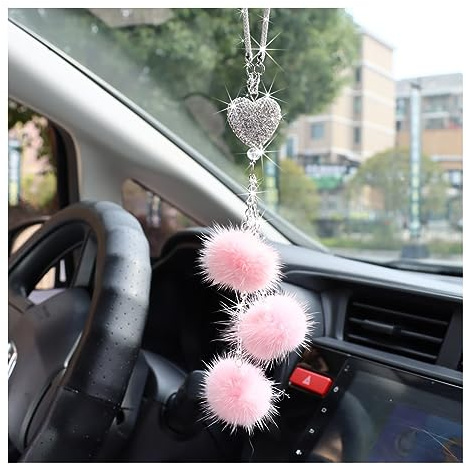 Ziciner Bling Diamond Heart Car Interior Accessories, Heart & Pink Plush Ball Decor Ornament Pendant, Hanging Decoration Charm (Pink)