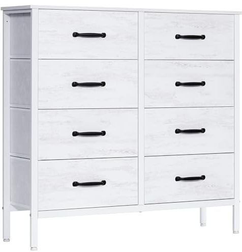 LYNCOHOME White Chest of Drawers, Wide Bedroom Furniture with 8 Drawers,Storage Cabinet with Deep and Large Drawers,Dresser for Bedroom,Hallways, Closet,Sitting Room,30D x 110W x 104.5H