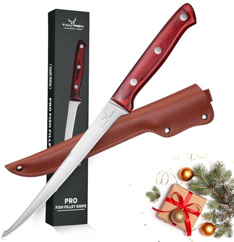 TAN REN Filitiermesser Fisch Scharf, 19 CM Profi Filetiermesser Fisch Angeln, Edelstahl Filetiermesser Fleisch mit Scheide, Profi Ausbeinmesser Messer Angeln für Fisch & Fleisch