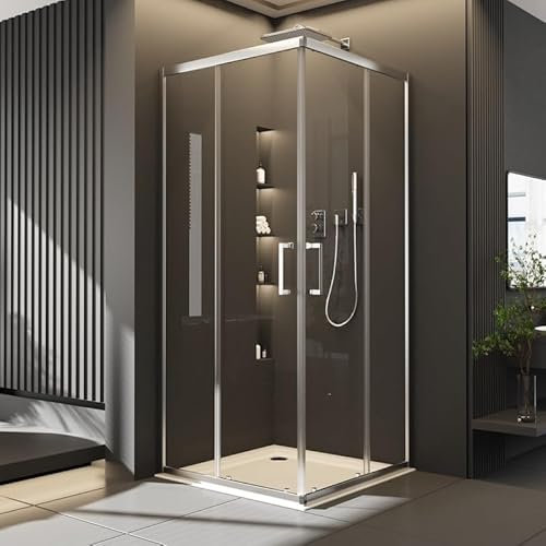 Goezes Eckeinstieg Duschkabine 80x90cm Schiebetür Eckeinstieg Duschabtrennung, Glas Duschschiebetür Duschtür Dusche Duschwand aus 6mm ESG-Sicherheitsglas, Silber Eckdusche Höhe 185cm