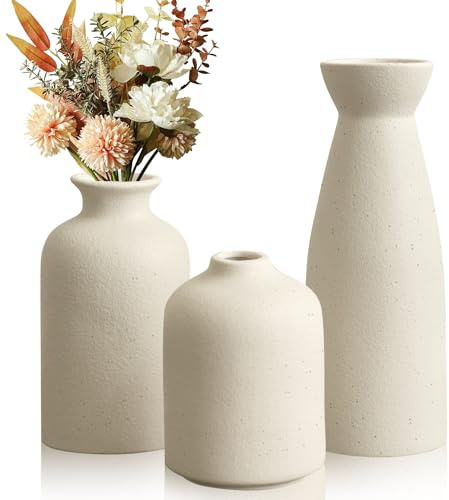 Lighterday 3er Boho Vase Set, Keramik Vasen Modern Deko, Schwarze Blumenvase, Kleine Für Pampasgras Blume, Für Wohnzimmer Tisch Fensterbank Deko (Beige-B)