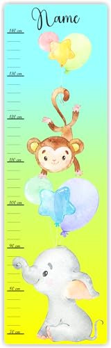 Farbklecks Collection Kinder Messlatte Ballon Elefant 70-140 cm personalisierbar mit Namen, Messleiste, Kinderzimmer, Holzmesslatte (Bunter Hintergrund)