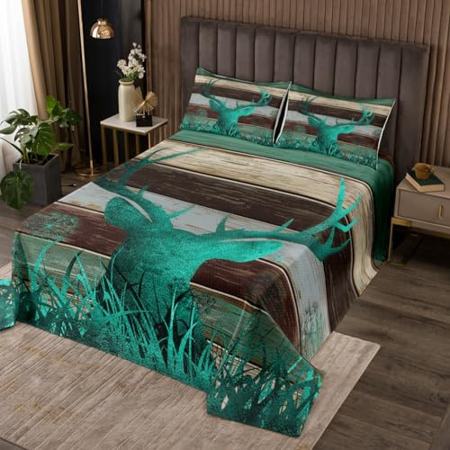 Manfei Colcha infantil con diseño de ciervos azules, colcha acolchada con 1 funda de almohada, juego de colcha vintage de tablones de madera para niños, niñas y adultos, edredón de poliéster suave