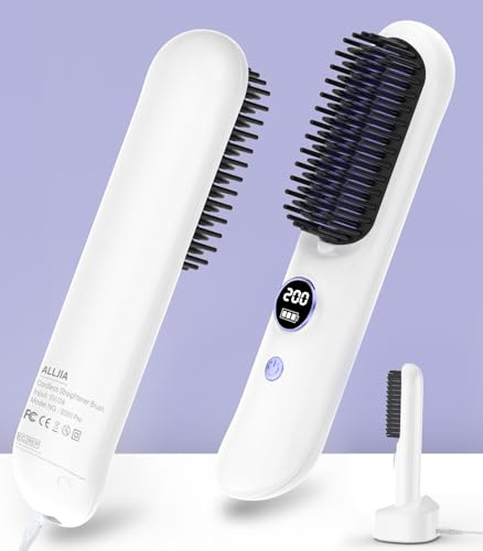 Ion Negetive Cordless Ceramic Heated Straightener Comb with Charging Dock, Portable Hair Straightener Brush for Travel, 8400mAh Fast Charging Styling Brush Smoothing & Anti-Frizz, Pearl White