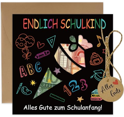 Geldgeschenke Einschulung Verpackung mit Umschlag, Karte Einschulung | Schulkind Geschenk, Schulanfang Geschenke für Mädchen Jungen(Schwarz)