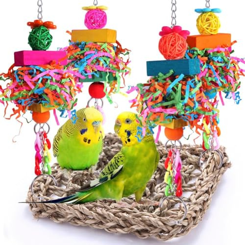 Poggapp Vogelspielzeug, Conure-Spielzeug, Vogelkäfigständer, Futterwand für Vögel, Aus Seegras Gewebte Hängematte, Schaukelmatte für Sittiche, Nymphensittiche, Keilschwanzsittiche und Unzertrennliche