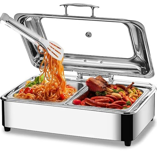 Chafing Dish Elektrisch, 9L Edelstahl Speisenwärmer Buffetwärmer (GN1/2) | Kommerziell Elektrisch Warmhaltebehälter Essen mit Sichtbarem Glasdeckel für Buffets und Partys, Einstellbarer Temperatur