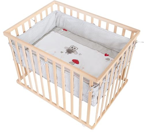 Playpen 'Adam & Owl' 75x100, incl. protective insert & castors, natural wood