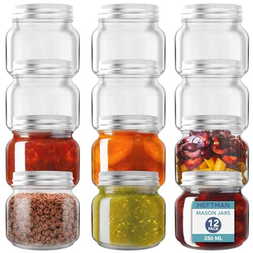 HEFTMAN Glass Mason Jars with Lids - Set of 12 250ml Air Tight Jars for Overnight Oats, Homemade Jam - Sturdy Glass Jars with Lids for Pickling, Preserving, Food Storage (250ml)