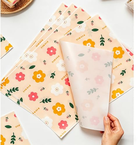 Sunch Craft 50 Sheets Wax Paper Sheets Flower Pattern Greaseproof Sandwich Burger Chips Deli Paper Cuttable Baking Parchment,15 x 11 Inch (Flower)