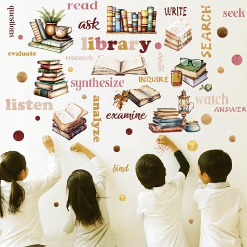 SUPERDANT Retro Book Wall Stickers, Watercolor Decals, Vintage Book DIY Vinyl Wall Art Decor for Reading Nook Kids Room Living Space, Large Size 4 Sheets/Set