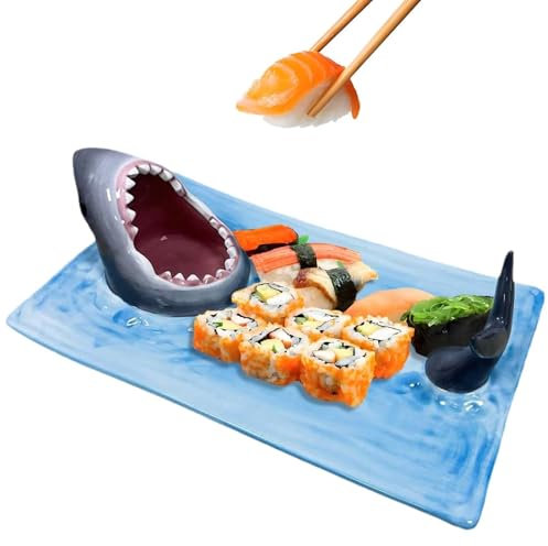 SENIURIS Piatto da immersione a forma di squalo, vassoio in ceramica blu per sushi, vassoio da portata con salsa e bacchette, per cucina, ristorante.