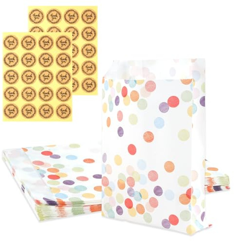 40 Stück Geschenktüten Kindergeburtstag, Papiertüten Bunt mit 40 Aufkleber, Klein Mitgebsel kinder, Tüten Candy Tüten für Süßigkeiten, Mitgebsel, Geburtstag, Hochzeit, Urlaub - 19 x 13 x 3,5 cm