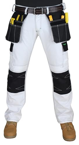 HASHOOB TRADING FZE Men’s Painter White Work Trousers Decorators Multi Pocket WorkwearPants (SIX-White, 36W X 32L)