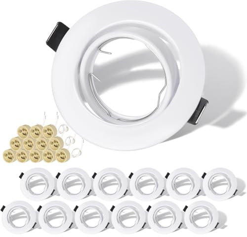 KEJIYILT Set di 12 Faretti LED da Incasso per Cartongesso, Rotondi Bianchi Orientabili a 30° con Portalampada GU10, Compatibili con Lampadine LED e Alogene da 50mm, Cornice Portafaretto per Soffitto