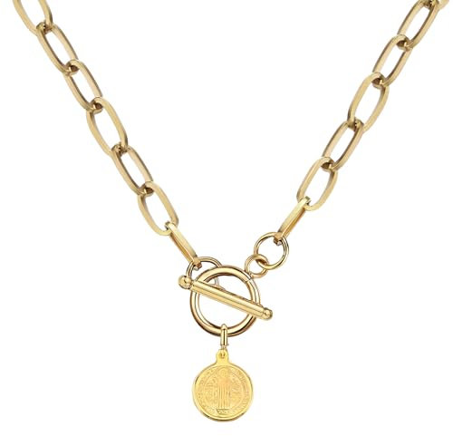 Accessorie Sterling Silver Coin Toggle Necklace For Women, Toggle Paperclip Chain Padlock Pendant Necklace - Lock And Key, Heart, Coin Chain Pendant Necklace