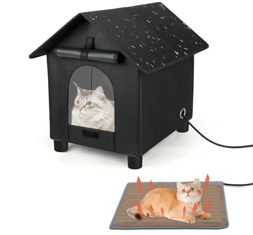 Rypet Beheizte Katzenhäuser für Katzen im Freien im Winter Wasserdicht, Erhöhtes beheiztes Outdoor-Katzenhaus Isoliert Außen Wildkatzenhaus Unterschlupf mit Fluchttür für Katzen oder Wildkatze, Klein