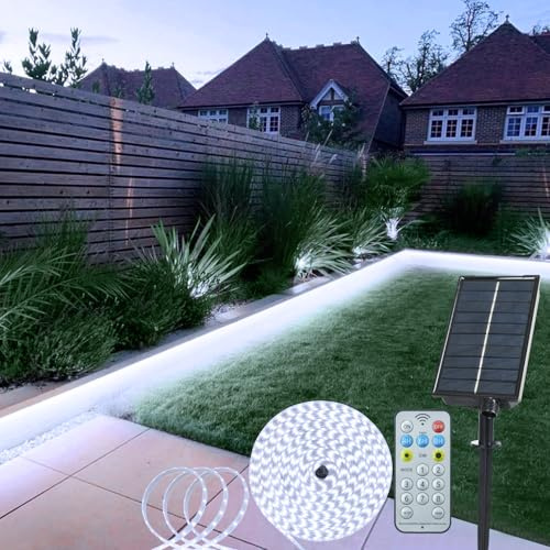 Solar LED Streifen Außen 5M 320 LED Lichtstreifen für Zaun Veranda Pavillon | Fernbedienung, Dimmbar, Timer, Wasserdicht, 8 Modi, Solar LED Strip Außen für Terrasse Balkon Pavillon deko,Weiß